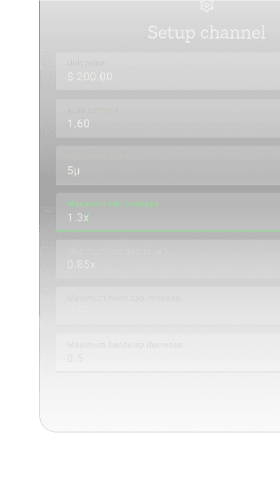 Um diálogo de configurações mostrando como você pode configurar diferentes stakes para cada canal. Preço da unidade é 200$. Autocashout é 1.60. Stake máximo por aposta é 5u. Máximo aumento de odds é 1.3x. Máxima diminuição de odd é 0.85x. Máximo aumento de handicap é 0.5. Máxima diminuição de handicap é 0.5.