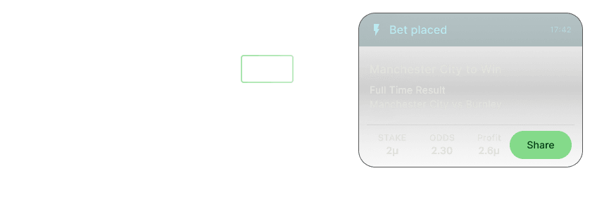 No fundo uma lista de partidas da Premier League em um site de apostas. Na frente um diálogo para compartilhar uma aposta para o Manchester City vencer.