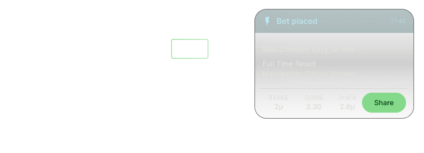 On the background a list of matches from the Premier League on a betting website. On the foreground there is a dialog to share a bet for Manchester City to win.