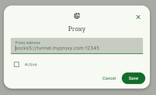 seção de edição de configurações de proxy