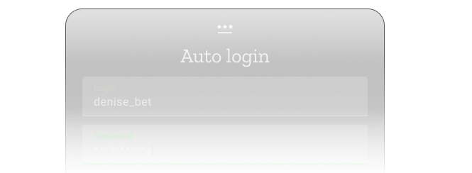 A dialog showing how to setup auto login. Login input is set to 'denise_bet', password is redacted with asterisks.