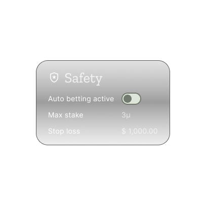 Dialog showing safety features. Auto betting feature switch is turned off. Max stake is set to 3 units. Stop loss is set to 1000$.