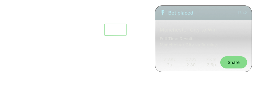 On the background a list of matches from the Premier League on a betting website. On the foreground there is a dialog to share a bet for Manchester City to win.